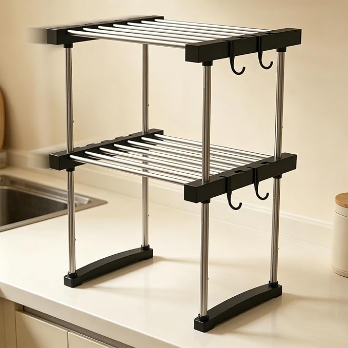 BLULEE Expandable Under Sink Organizer, 2-Tier Adjustable Storage Shelf with Hooks, Heavy-Duty Stainless Steel Cabinet Rack for Kitchen Pantry & Bathroom Vanity, Stackable Organization System
