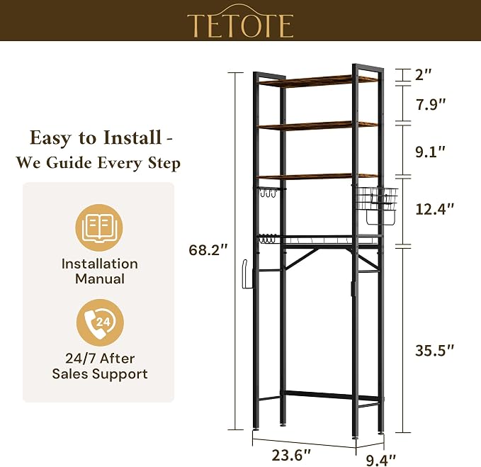 TETOTE Over-The-Toilet Storage Rack, 4-Tier Bathroom Organizer Shelf Over Toilet with Adjustable Shelf and Basket, Freestanding Space Saver Bathroom Shelves Above Toilet for Room(Brown)