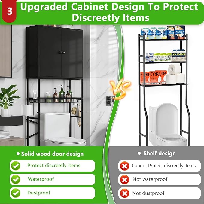 Over The Toilet Storage Cabinet - 2-Door Design Bathroom Organizers Shelf, Freestanding Space-Saver Above Toilet Storage Cabinet with Privacy Protection Rack, Water-Resistant Toilet Shelves (Black)