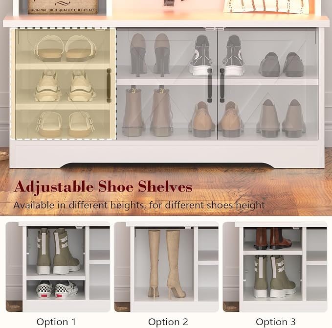 CSZZD White Hall Tree with Bench and Shoe Storage, Entryway Bench with Coat Racks and Led Lights, Farmhouse Tall Hall Tree with 7 Coat Hooks, 6 Storage Cubbies, Adjustable Shelf