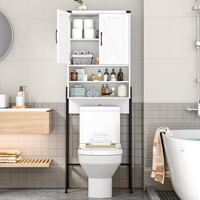 Vabches Over The Toilet Storage Cabinet, Farmhouse Over Toilet Storage Cabinet, Metal Frame with 2 Barn Doors, Home Space-Saving Toilet Rack for Bathroom, Toilet, Laundry Room.