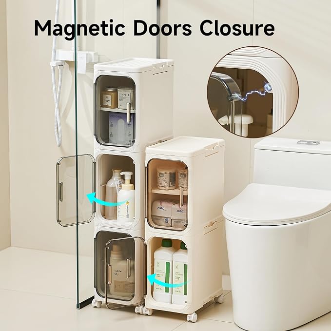 UFORU 2-Tier Narrow Storage Cabinet with Magnetic Doors and Shelves, Plastic Slim Bathroom Organizers and Storage with Wheels for Small Spaces Bathroom, Kitchen, Cream White