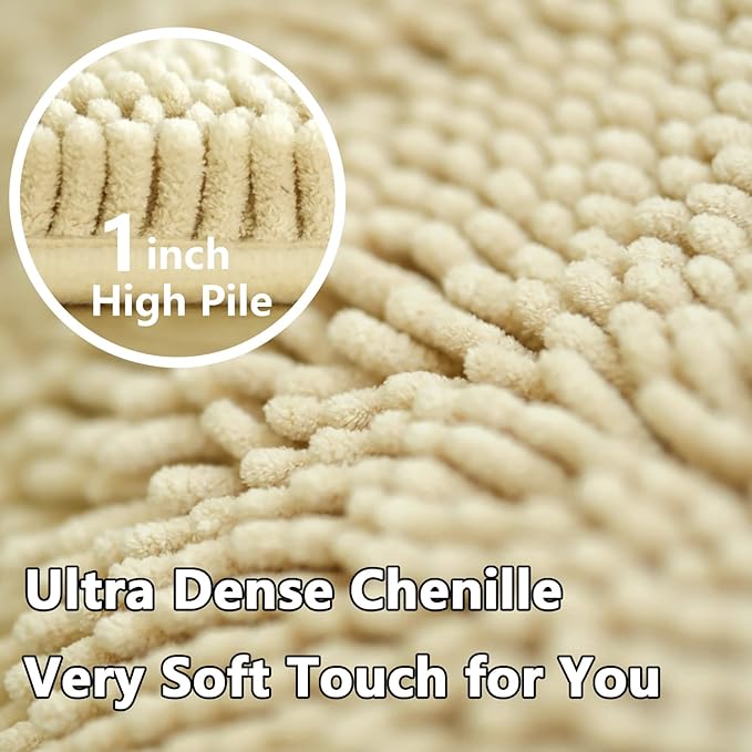 Bath Rugs Chenille 3-Piece Extra Soft and Absorbent Shag Beige Bathroom Rugs, Machine Wash Mat, Strong PVC Non-Slip Underside, Plush Carpet Mats (Beige)