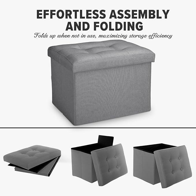 LINMAGCO Small Storage Ottoman Stool Foot Rest Stool Under Desk Stool Short Folding Ottoman Linen Cloth Light Gray 17X13X13IN