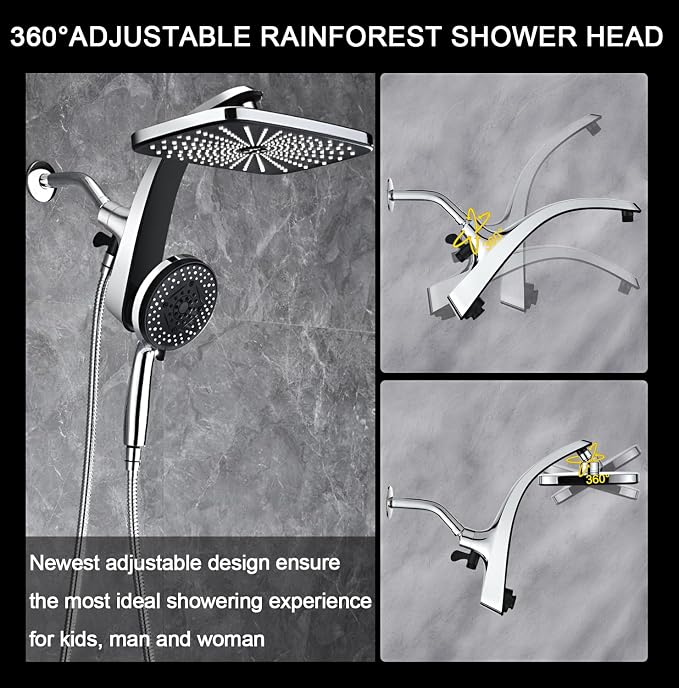 BOZYBO Rain Shower Head with Handheld: High Pressure Shower Heads with Handheld Spray Combo, 12" Rainfall Shower Head and 9 Sprays Hand Showerheads with Magnetic Docking and Power Jets, Chrome
