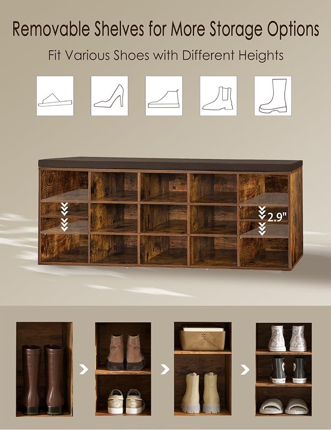 DINZI LVJ Shoe Storage Bench with Cushion, 15-Cubby Rack, Adjustable Shelves, Long Organizer Bench for Entryway, Mudroom, Hallway, Living Room, Bedroom and Garage, Rustic Brown