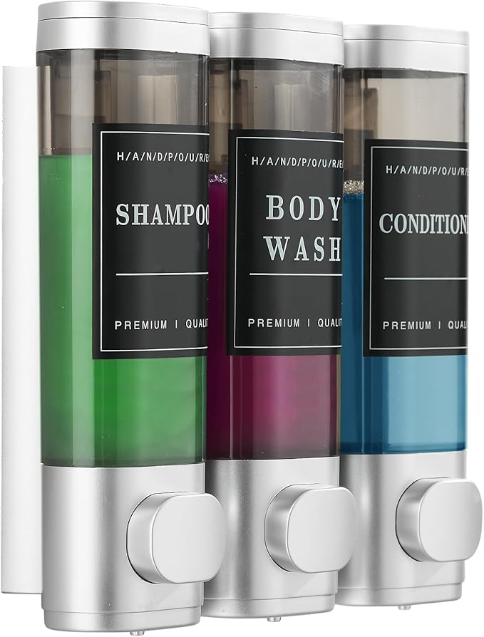 Shampoo and Conditioner Dispenser,Shower Dispenser 3 Chamber No Drill Wall-Mounted Shampoo Dispenser for Shower Wall Mounted Shower Soap Dispenser for Bathroom Hotel Large Capacity,Light Silver