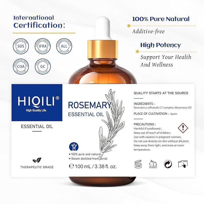 HIQILI Rosemary Essential Oil, 100% Pure & Natural, for Shampoo, Conditioner, Skin & Diffuser - 3.38 Fl Oz