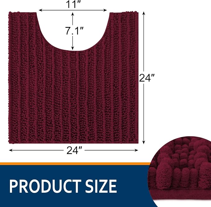 Smiry Bathroom Toilet Rugs U Shaped 24x24, Extra Soft Absorbent Non Slip Rubber Backing Chenille Contour Bath Rugs for Toilet, Machine Washable Contoured Bath Mats, Burgundy