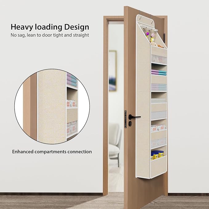 Univivi 6-Shelf Over Door Hanging Organizer Fabric Baby Door Storage with 5 Extra Large Capacity Pockets Behind the Door Hanging Storage Organizers Easy Install Door Storage for Baby Essential (Beige)