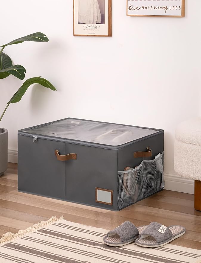 StorageWorks Shoe Organizer for Closet, Shoe Storage Containers for Entryway, Fabric Shoe Storage Organizer for Slippers and Flats, Shoe Storage Bins with Side Mesh Pocket, Fits up to 20 Pairs, Grey
