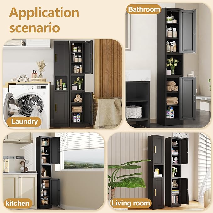 Metal Tall Narrow Storage Cabinet,67" H Freestanding Floor Cabinet with 2 Doors and 4 Adjustable Shelves,Pantry Storage Cabinets for Bathroom,Living Room,Entryway and Kitchen(Black)