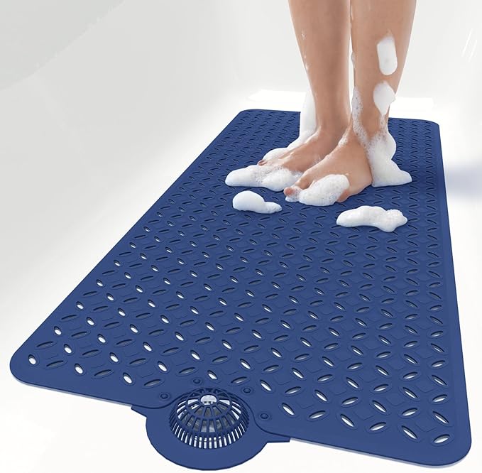OTHWAY Bath Mat for Tub Non Slip: 39" X 17" Long Bathtub Mat with Hair Catcher│Big Drain Holes Shower Mats for Inside Shower│Machine Washable (Navy Blue)