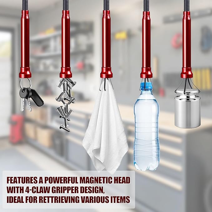 Grabber Reacher Tool, Flexible Magnetic Pickup Tool with 4-Claw Gripper & Spring-Loaded Handle, Pickup for Bathroom, Engine Bay, Kitchen & Sewers (24 inch) (Red Magnetic Pickup Tool)