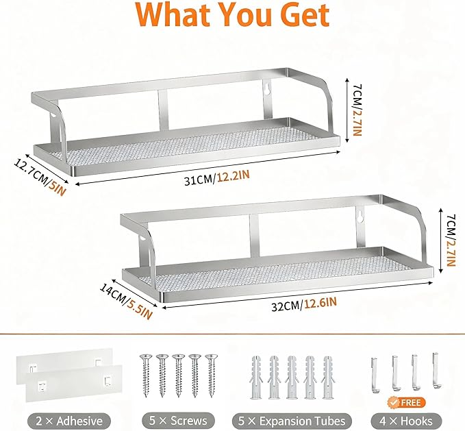 PUSDON 2-Pack Wide Hollowout Shower Caddy & Spice Rack, Wall Mount Bathroom Organizer with Mesh Bottom, Easy Access Cabinet Door Shelf Holds 50LBS - Silver Gray, Hollowout