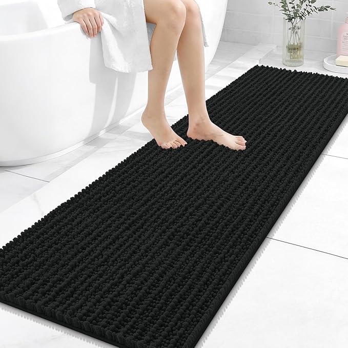 OLANLY Long Bathroom Rugs Runner 59x20, Thick Soft and Absorbent Chenille Bath Mat, Non-Slip, Machine Washable Quick Dry Bath Rugs for Tub Shower Floor, Home Decor Accessories, Black
