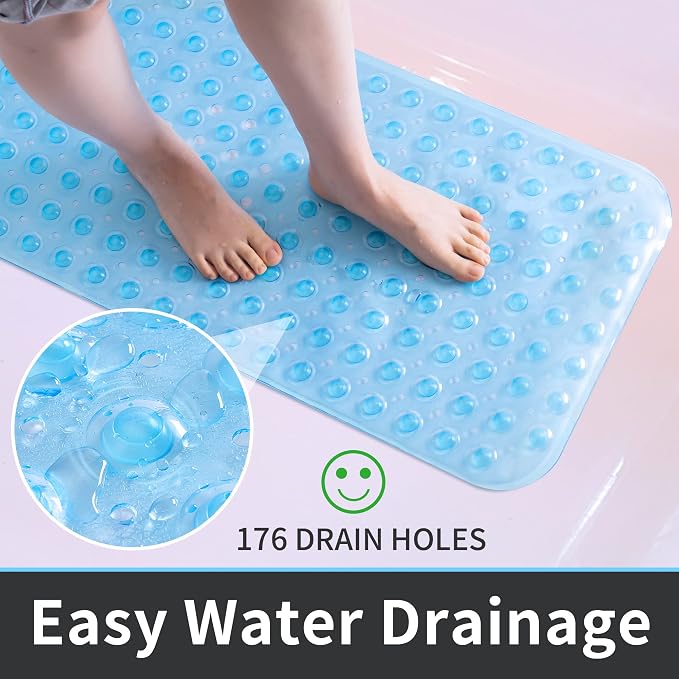 ROSMARUS Shower Mat Extra Long 16” x 39” Non-Slip Bath Mat for Tub with Suction Cups and Drain Holes Bathtub Mats for Kids, Baby, Bathroom Shower Floor Mat Anti Slip Bathtub Accessories, Blue