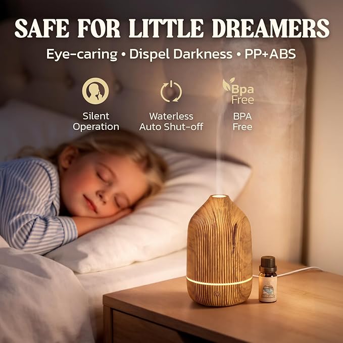 Essential Oil Diffuser, 100ml Aromatherapy Diffuser, Mini Ultrasonic Diffuser for Essential Oil, Home, Office, Cool Mist Humidifier with 7 Led Light, Auto Shut-Off, Wood Grain