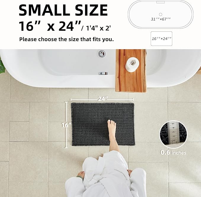 TYUU Black Bathroom Rug, Waffle Bath Mat Non Slip Washable Super Absorbent Quick Dry Boho Farmhouse Bathroom Decor, 24"x16" Black