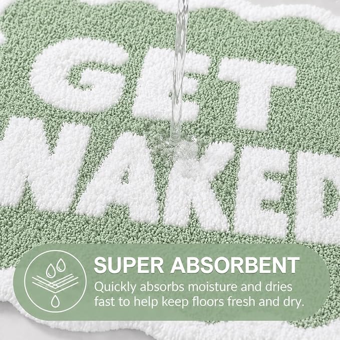 Scalloped Sage Green Bath Rug, Get Naked Cute Bathroom Rug, Soft Absorbent Quick Dry Bath Mat, TPR Non Slip Backing, Microfiber Mat for Shower Tub Sink Vanity 20" x 31.5"