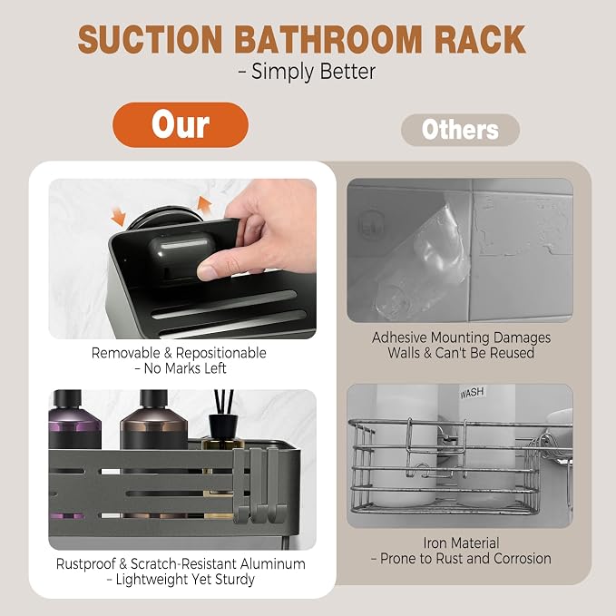Lekesky Suction Cup Shower Caddy, No Drill Shower Shelves with a Towel Bar, Aluminum Rust Proof Bathroom Shower Organizer with 12 Hooks (2-Pack, Gunmetal Gray)