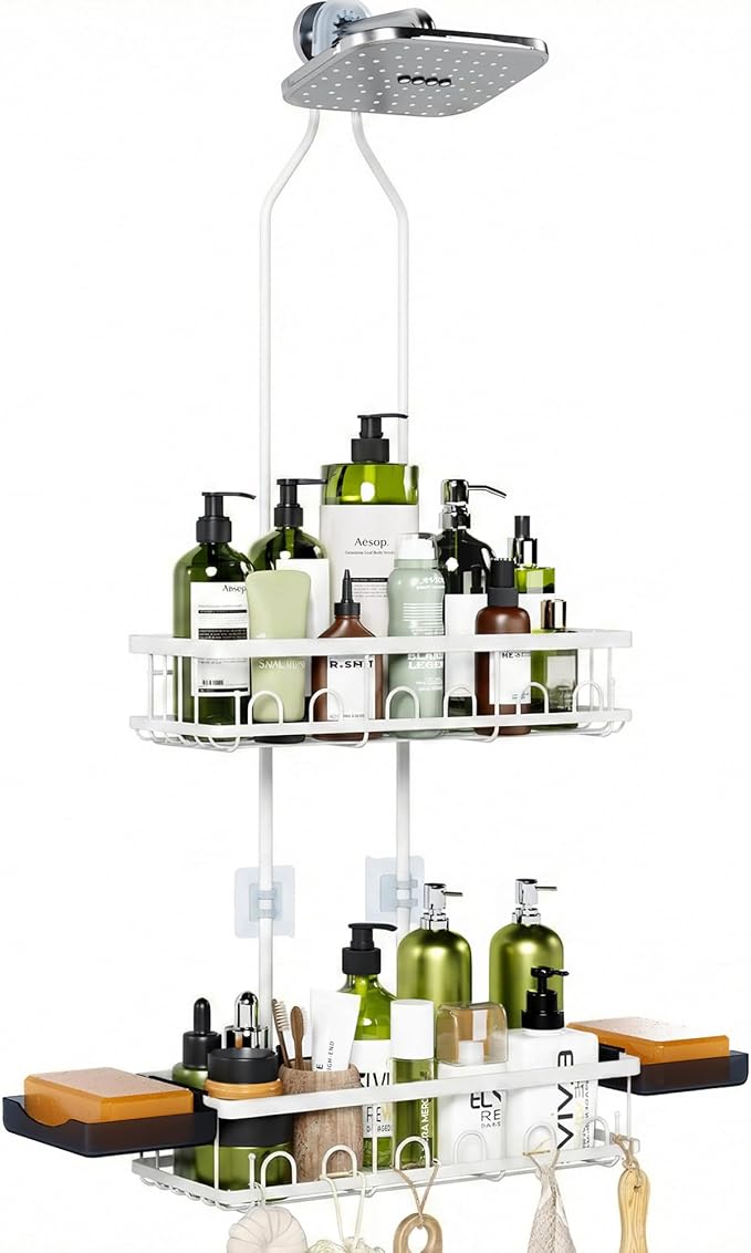Skyapex Shower Caddy Hanging: Adjustable Height Organizer for Over Showerhead - Rustproof Shower Shelves with Hooks & 2 Soap Holders, White