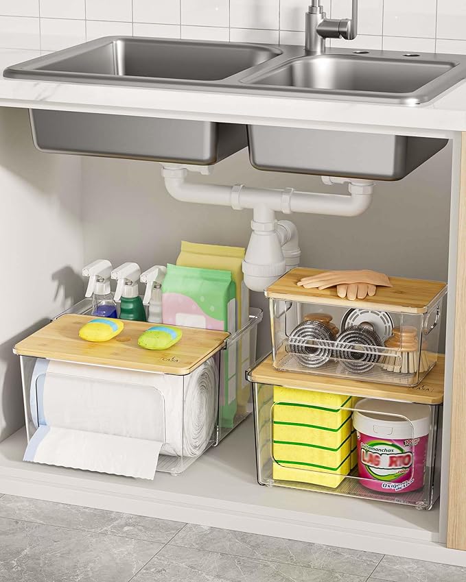 iCASA Trash Bag Dispenser Holder - 3 in 1 Acrylic Under Sink Organizer Garbage Bags Container with Bamboo Lid, Holds up to 100 Count 13/30/33 Gallon Bag Roll for Kitchen, Pantry, Laundry Room Storage