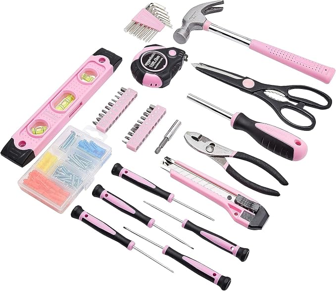 Amazon Basics 142-Piece Household Tool Kit for Home Repair, Hand Tools with Storage Case, 13.39 x 9.25 x 2.95 inch, Pink