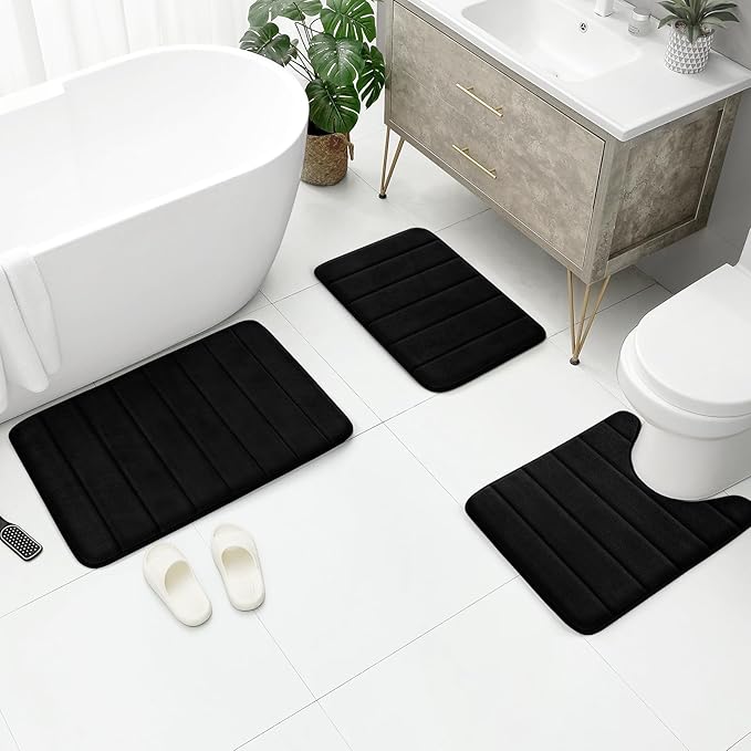 BYSURE Black Memory Foam Bath Mats, Non Slip Extra Soft Absorbent Machine WashableToilet Bathroom Rug Set 3 Piece (20"x32"+24"x44"+U Shape 20"x24")