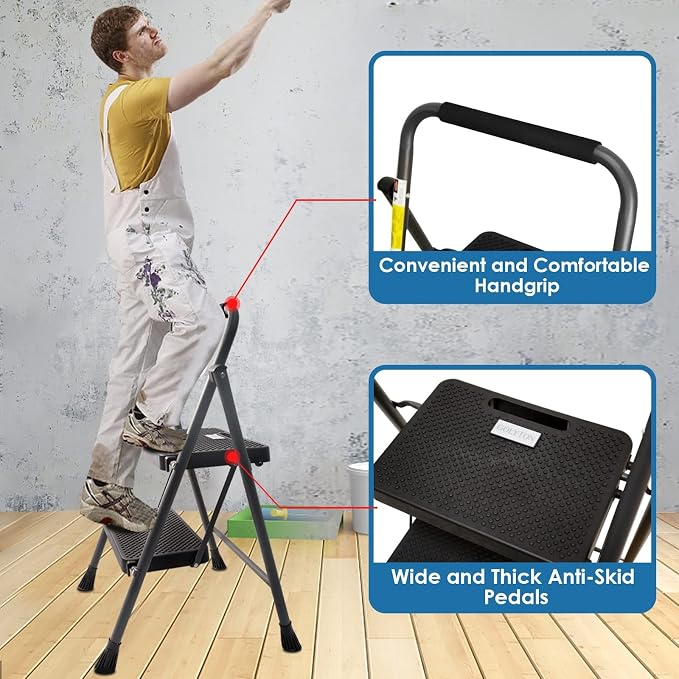 GOLYTON Folding 2-Step Ladder with Anti-Slip Platform and Handrail, Heavy Duty Steel, 500 lbs Capacity, Compact Portable Step Stool for Home, Kitchen & Office Use, Grey