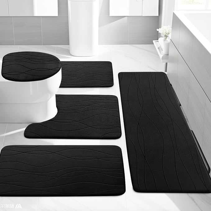YIHOUSE Memory Foam Bathroom Rug Sets, Black, 5 Piece | Ultra Soft, Absorbent, Non-Slip, Machine Washable