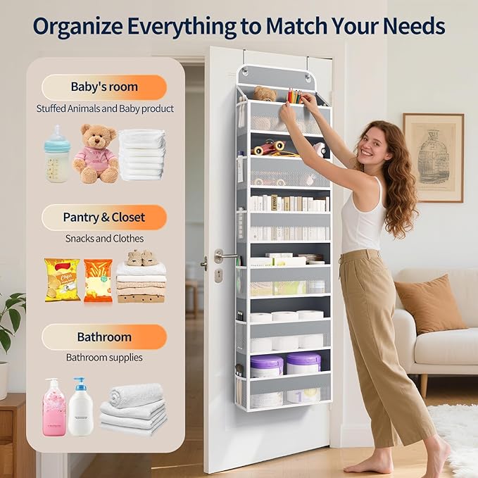 Yecaye Over Door Organizer, 60 lbs Load Capacity, Metal Hanging Storage with 6 Shelves for Toys, Bathroom, Nursery, Dorm Room, Grey,1Pc