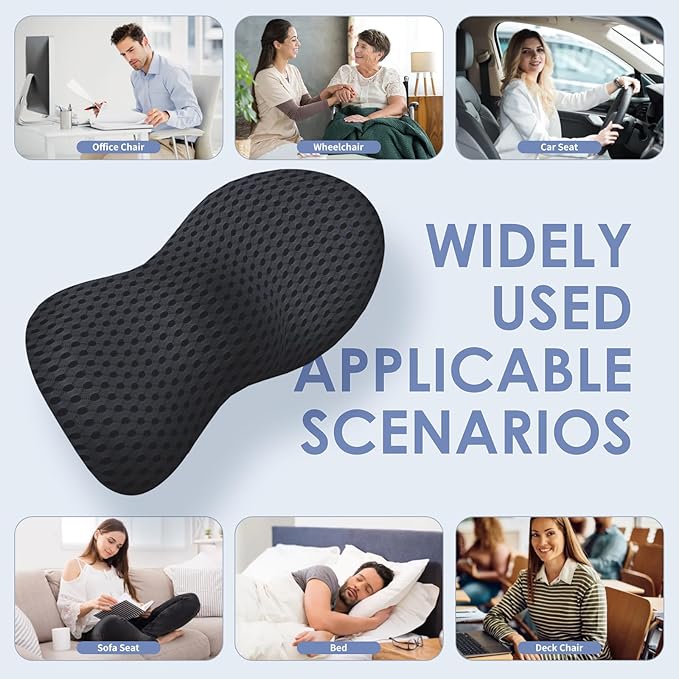 kasney Lumbar Support Pillow, Back Pillow for Low Back Pain Relief, Ergonomic Streamline Car Seat, Office Chair, Recliner and Bed (Black)