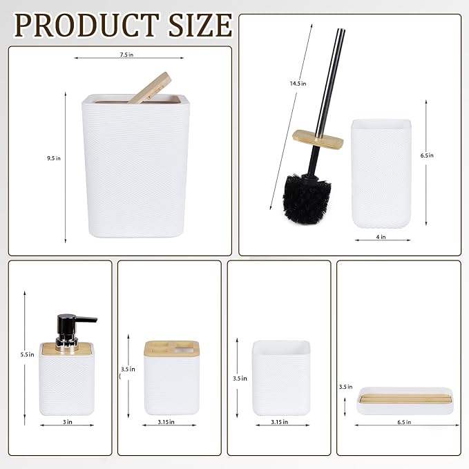 CERBIOR Bathroom Accessories Set 6 Piece Bamboo Bath Ensemble Includes Soap Dispenser, Toothbrush Holder, Toothbrush Cup, Soap Dish for Decorative Countertop and Housewarming Gift (White)