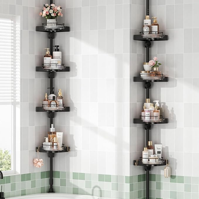 shuang qing 360° Rotating Corner Shower Caddy Tension Pole Organizer - 4-Tier Adjustable Rustproof Metal Pole, Plastic Shelves with Safety Guardrail, Bathroom Storage for Shower & Bathtub(Black)