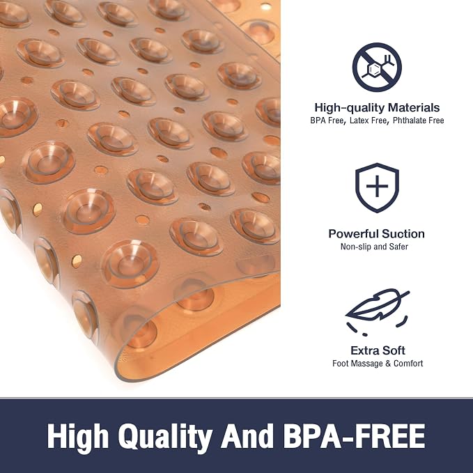 Square Shower Bathtub Mat Non Slip for Inside Shower Clear Brown 21x21 Inch, Shower Stall Mats for Bathroom Floor, Soft Bath Mat for Tub with Big Suction Cups Drain Holes, Easy Washable Dry