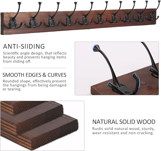 IBosins 34'' Coat Rack Wall Mount with 10 Decorative Tri-Hooks, Heavy Duty Wood Coat Hanger, Rustic Coat Hooks Rail for Entryway Living Room Coat Scarf Bag Towel Hat