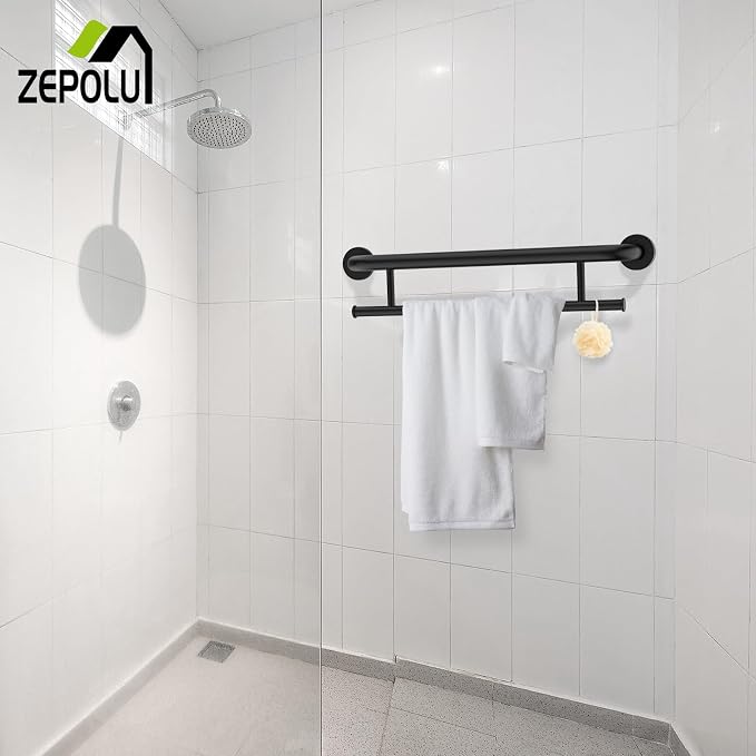 Black Towel Grab Bar 24 Inch - 1.25” Diameter, Zepolu Stainless Steel Safety Bar w/Towel Holder for Bathroom, Shower Assist Balanced Support Handle, Wall Mounted Towel Rack for Senior Elderly Handicap