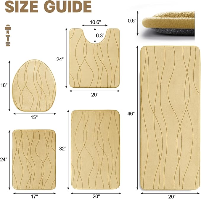 YIHOUSE Memory Foam Bathroom Rug Sets, Beige, 5 Piece | Ultra Soft, Absorbent, Non-Slip, Machine Washable