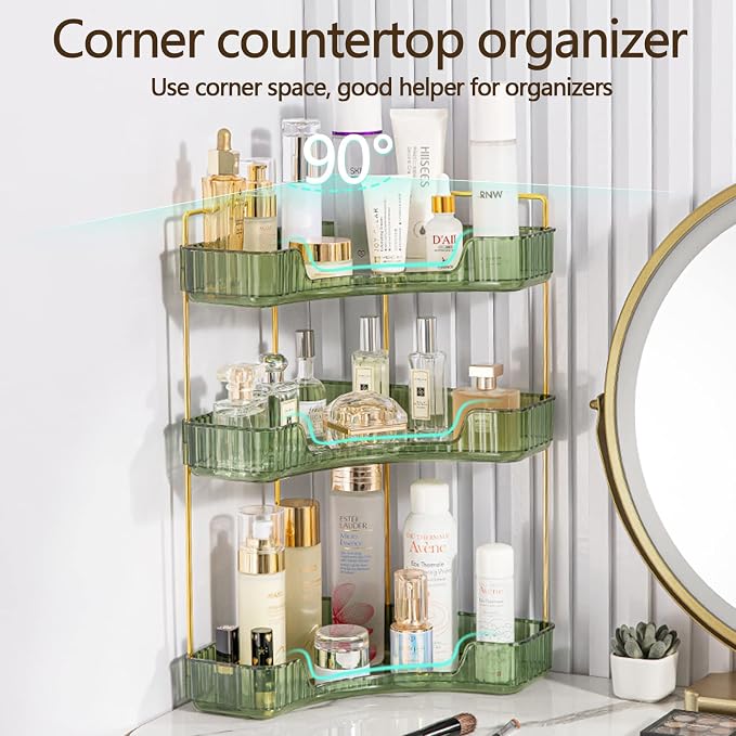 shuang qing 3-Tier Corner Bathroom Counter Organizer – Classic Storage Shelf for Makeup, Perfume & Toiletries, Space-Saving Countertop Tray Fits Bathroom, Dresser, Kitchen (Sage Green)