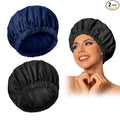 Reusable Shower Cap for Women, Large Waterproof Shower Bonnet with Elastic Band, Washable Bath Hair Cap for Long, Curly Hair, Braids, Daily Shower, Home Spa, Travel(Black&Navy)