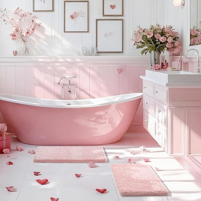 Yimobra Light Pink and White Bathroom Rugs Non Slip Washable, Ultra Soft and Water Absorbent Bath Mats, Plush Fluffy Shower Mat Outside, Microfiber Thick Matts for Bathroom Floor/Sink, 24x17