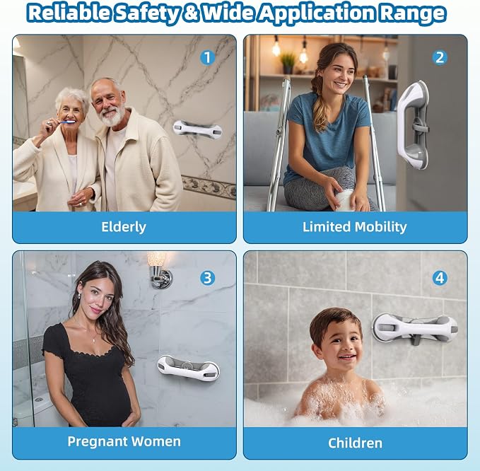 Grab Bars for Bathtubs and Showers, 2 Pack No-Drill Suction Shower Handles with 3 Suction Cups, Removable Bathroom Safety Balance Bars for Seniors, Smooth Tile & Glass, Gray