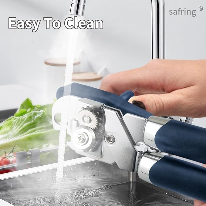 Safring Can Opener Manual, Handheld Strong Heavy Duty Stainless Steel Can Opener, Comfortable Handle, Sharp Blade Smooth Edge, Can Openers with Multifunctional Bottle Opener, Blue