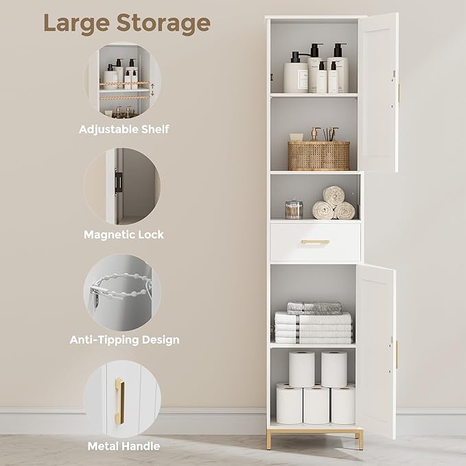 Homhedy 67" H Bathroom Storage Cabinet, Tall Storage Cabinet with Adjustable Shelves, Freestanding Cabinet with Doors and Drawer, Narrow Cabinet for Bathroom, Living Room, Kitchen, Dining Room, White