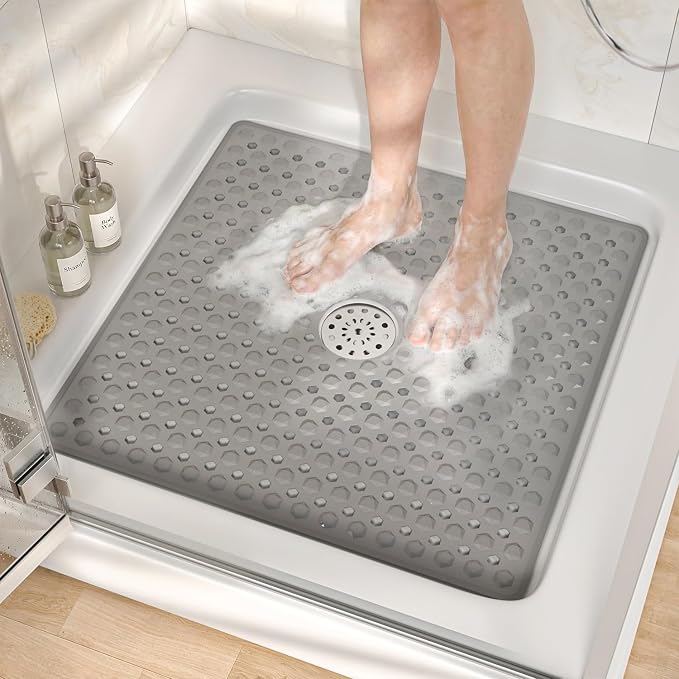 HITSLAM Non Slip Shower Stall Mat with Center Drain Hole, Diamond Textured PVC Bath Mat for Inside Shower, Machine Washable, Strong Suction Cups for Bathroom Bathtub Mat, 24x24 Inch, Grey