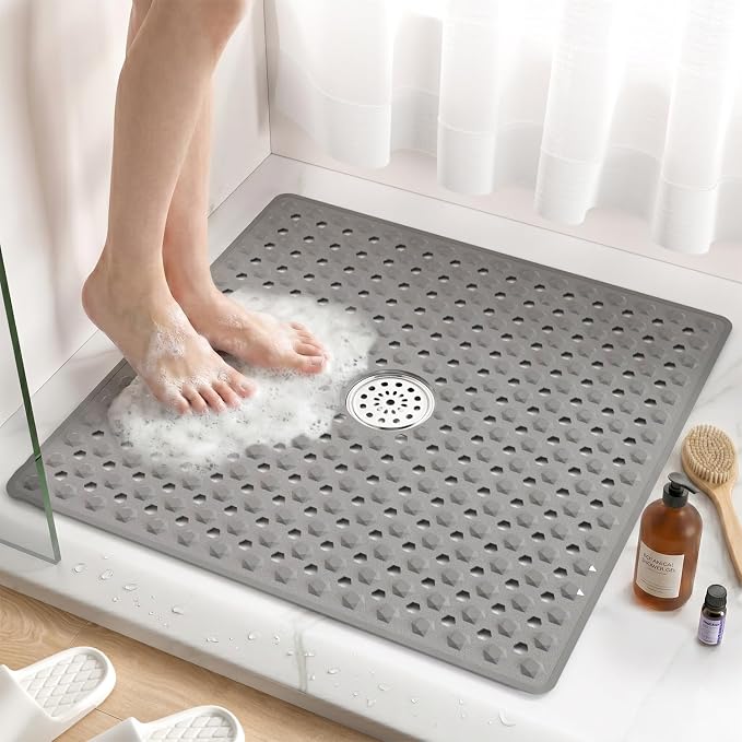 HITSLAM Non Slip Shower Stall Mat with Center Drain Hole, Diamond Textured PVC Bath Mat for Inside Shower, Machine Washable, Strong Suction Cups for Bathroom Bathtub Mat, 24x24 Inch, Grey