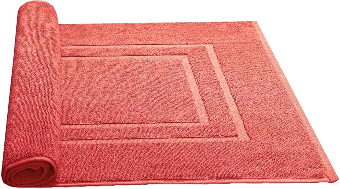 Feather & Stitch 2 Piece Towel Like Bath Mats (30x21 Inch) 100% Cotton Terry Bath Mat, Bathroom Shower Floor Mat [NOT A Bathroom Rug], Soft Absorbent Washable Mats - Coral