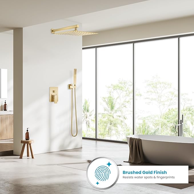 gotonovo Rainfall Bathroom Shower System Rain Shower Head and Handle Set Wall Mounted Shower Complete Combo Solid Brass Pressure Balancing Shower Mixer Valve 16 Inch Brushed Gold