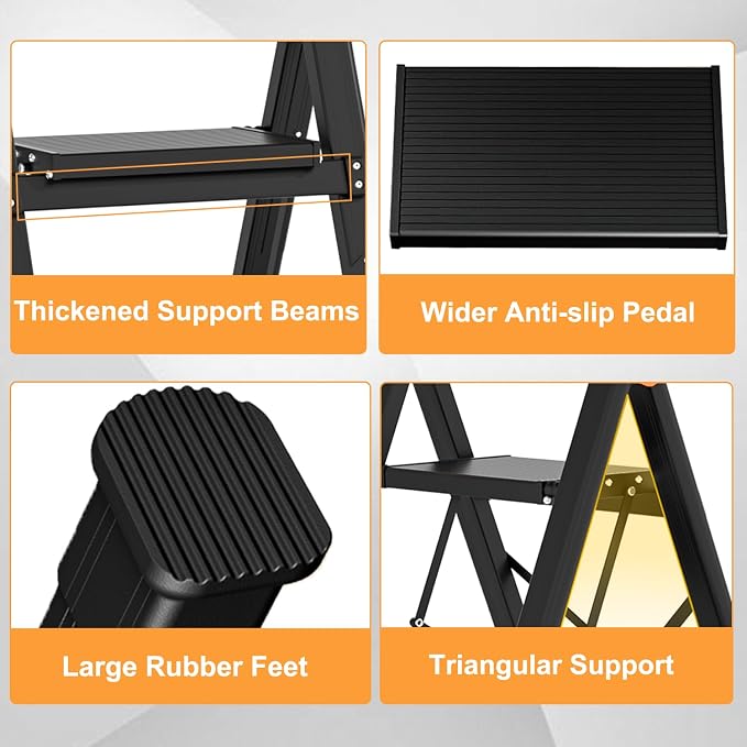 4 Step Ladder with Single-Handrail, Aluminum Step Stool Foldable, Lightweight Sturdy Step Ladder with Anti-Slip Pedals,Convenient Handrail for Home Kitchen Closet, 600lbs Max Load Capacity (Yellow)